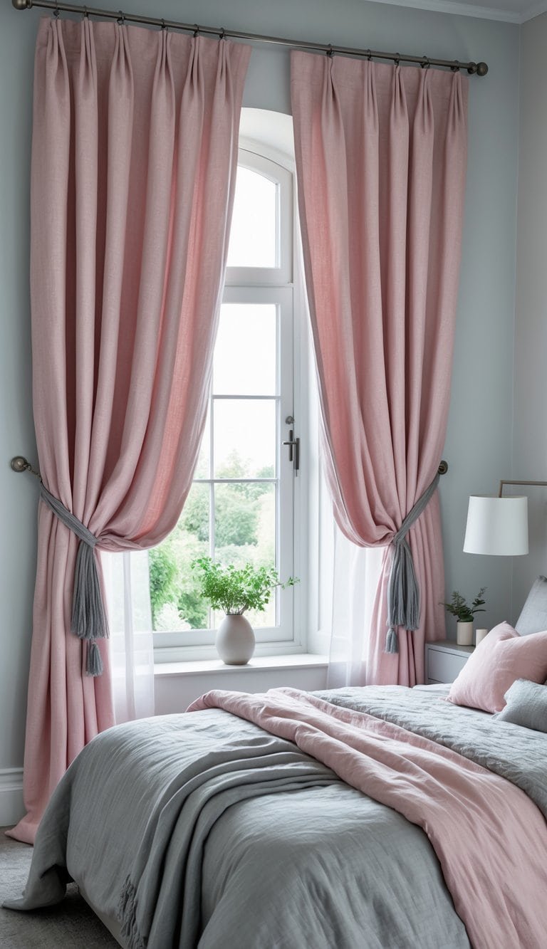 grey and pink bedroom ideas - A bedroom with pink linen curtains tied back with grey tiebacks, a bed with grey and pink bedding, and soft natural light coming through a window.