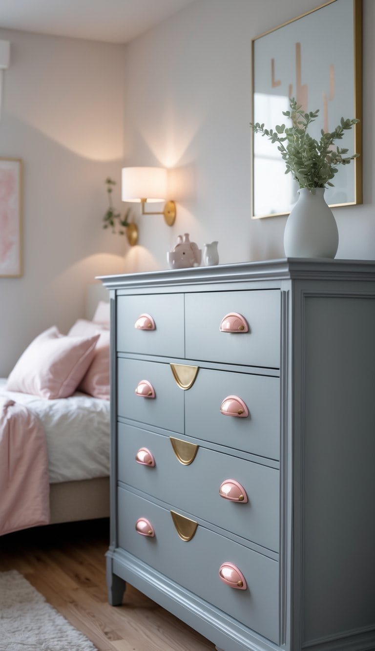 grey and pink bedroom ideas - Grey dresser with pink brass handles in a bedroom with soft lighting and a bed in the background.