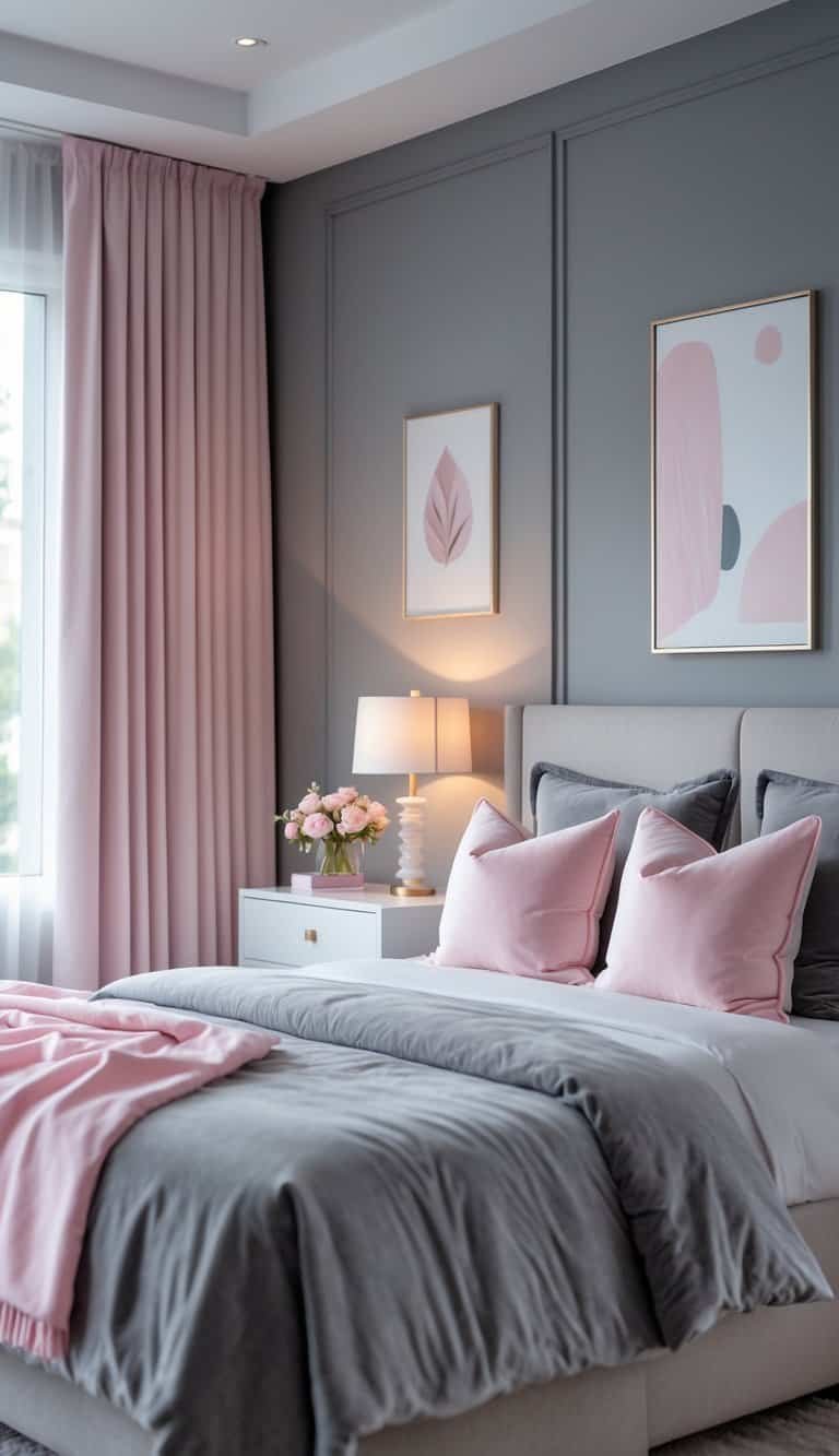 grey and pink bedroom ideas - A bedroom with a bed, grey bedding, pink pillows, soft lighting, and a window with pink curtains.