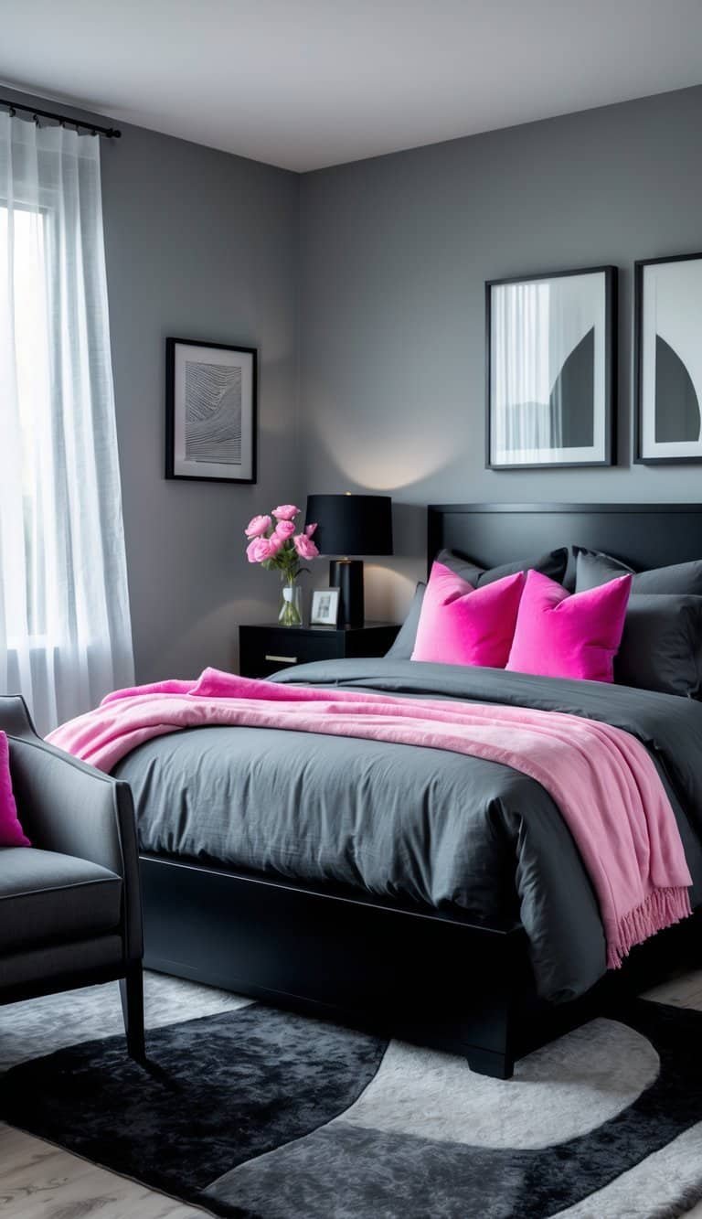 Black Pink And Grey Bedroom Ideas - A bedroom with a black bed, grey bedding, pink pillows, grey walls, and natural light coming through sheer curtains.