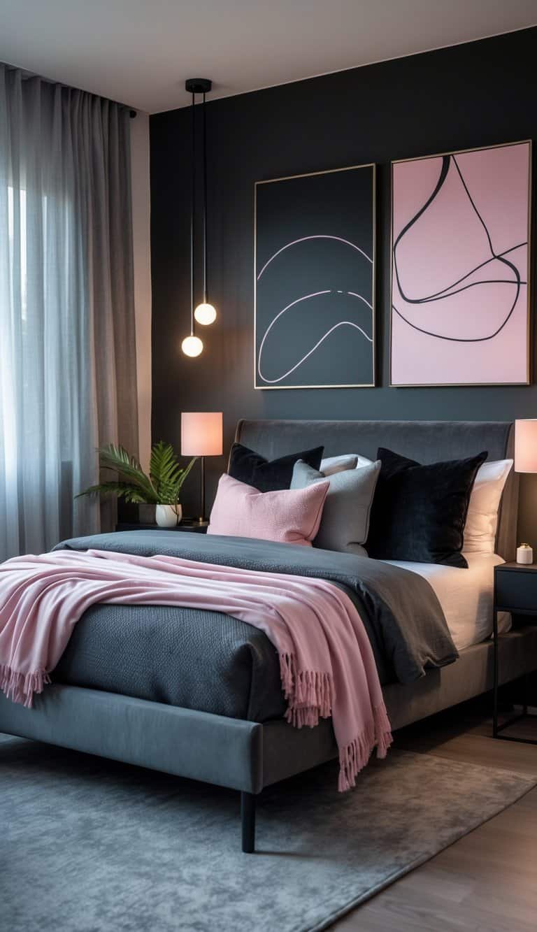 Black Pink And Grey Bedroom Ideas - A bedroom with matte black walls, a grey bed with pink and grey pillows, black bedside tables with lamps, grey curtains, and decorative plants.