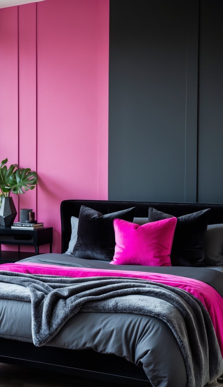 Black Pink And Grey Bedroom Ideas - A bedroom with a bed featuring grey velvet throw pillows, black furniture, and pink accents, softly lit by natural light.