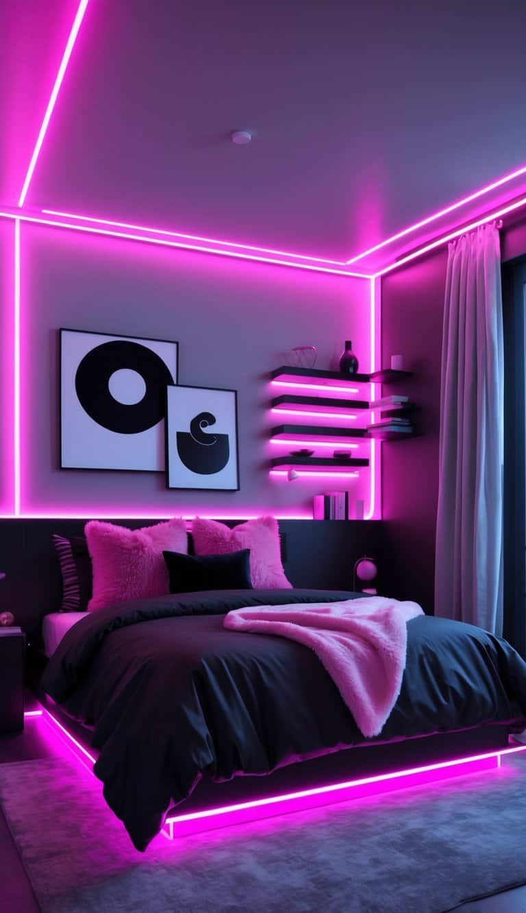 Black Pink And Grey Bedroom Ideas - A bedroom illuminated by neon pink LED strip lights with black bedding and pink and grey pillows, featuring modern furniture and decorative elements.