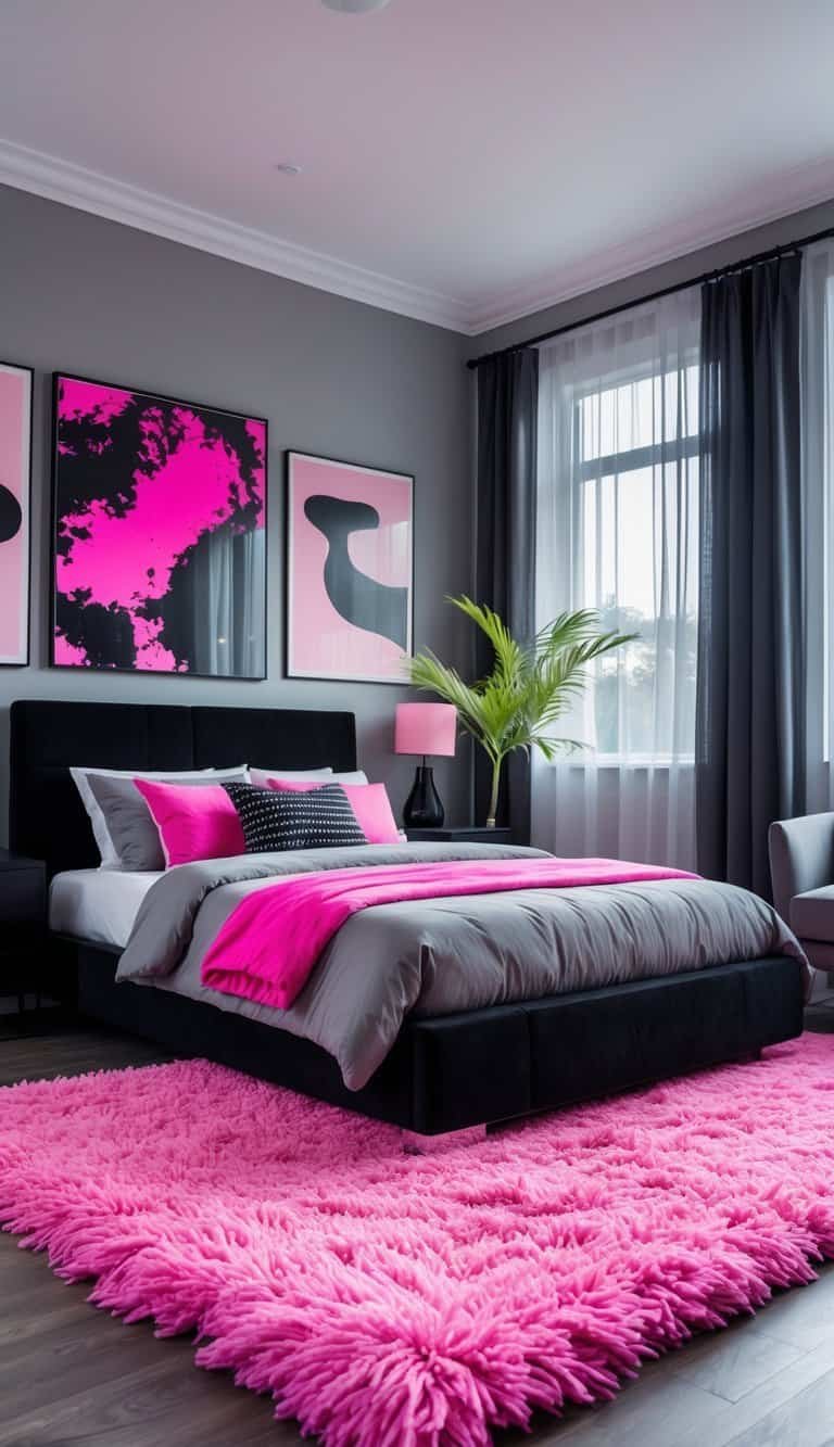 Black Pink And Grey Bedroom Ideas - A bedroom with a pink shag rug, black bed frame, grey bedding, pink pillows, and modern furniture.