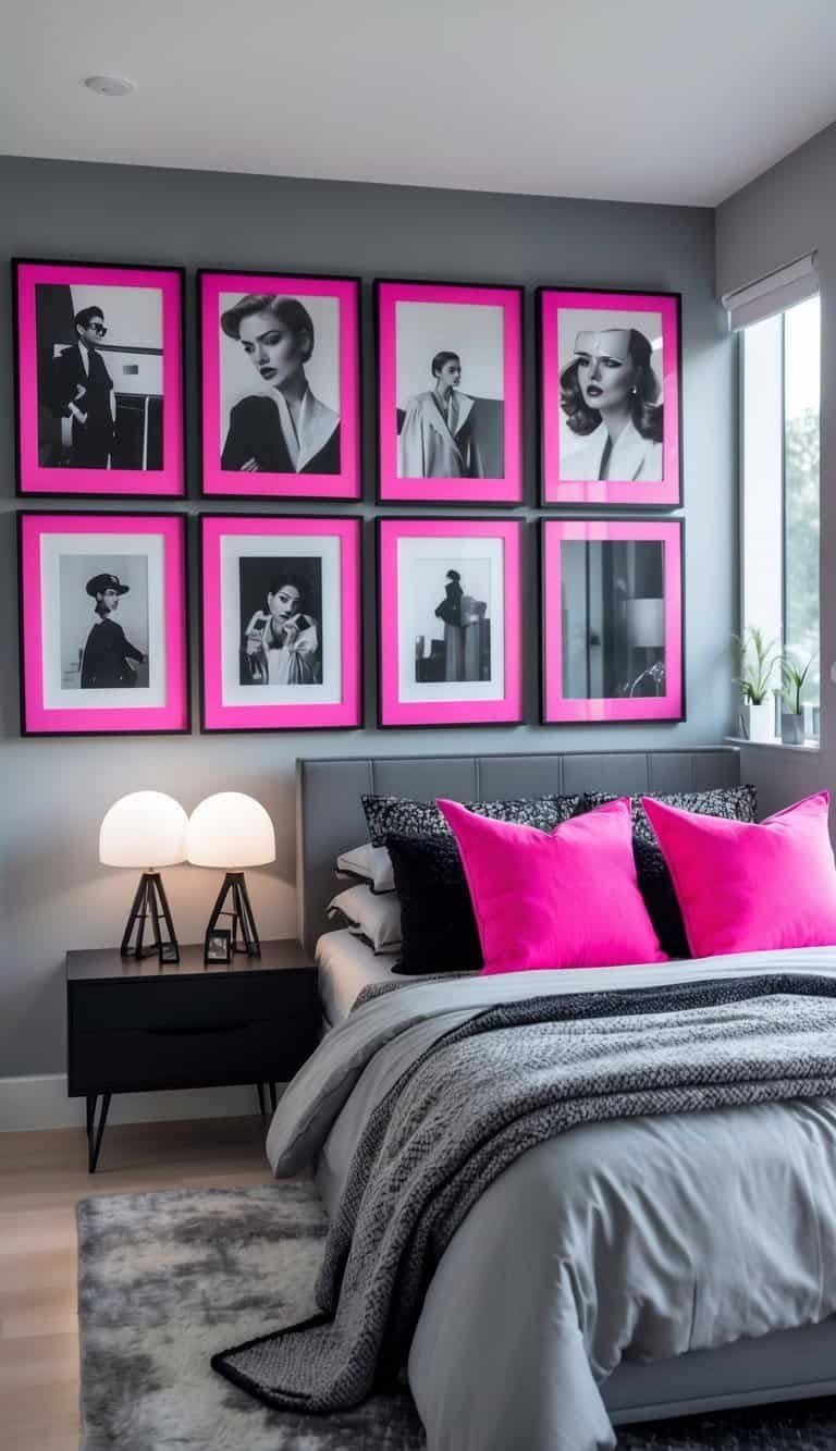 Black Pink And Grey Bedroom Ideas - A bedroom with grey walls, a bed with pink and grey bedding, and black and white photos in hot pink frames on the wall.