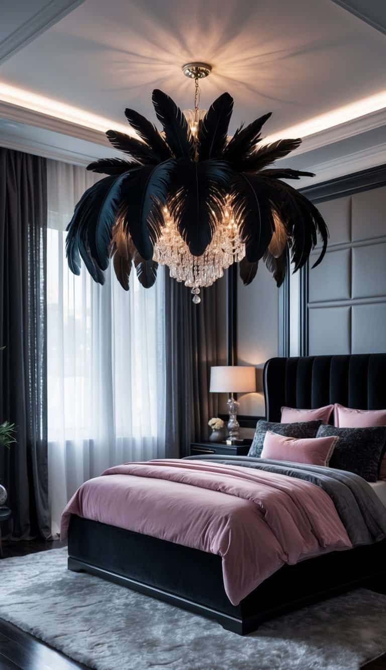 Black Pink And Grey Bedroom Ideas - A bedroom with a black feather chandelier hanging above a bed with pink and grey bedding, surrounded by black furniture and soft natural light.