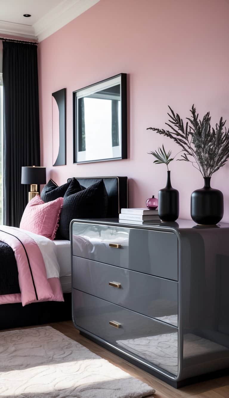 Black Pink And Grey Bedroom Ideas - A bedroom with a glossy grey dresser, a bed with black and pink bedding, and decorative accents in black, pink, and grey.