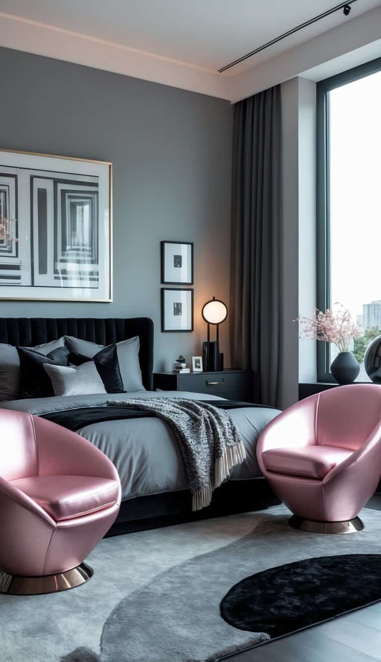 Black Pink And Grey Bedroom Ideas - Bedroom with two metallic pink accent chairs, a bed with grey and black bedding, and soft natural light coming through a window.