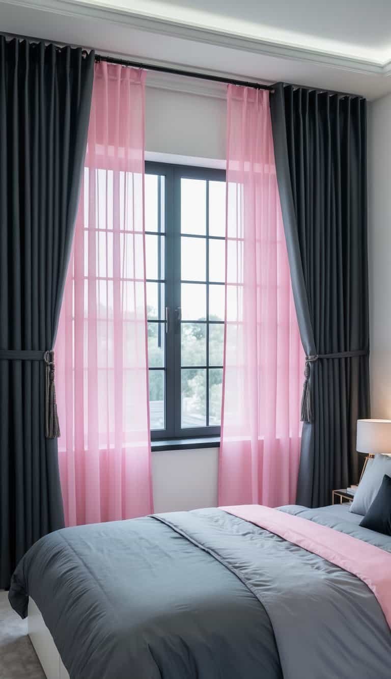 Black Pink And Grey Bedroom Ideas - Bedroom with a window covered by dark grey curtains layered with sheer pink panels, showing a cozy bed and minimalist furniture.