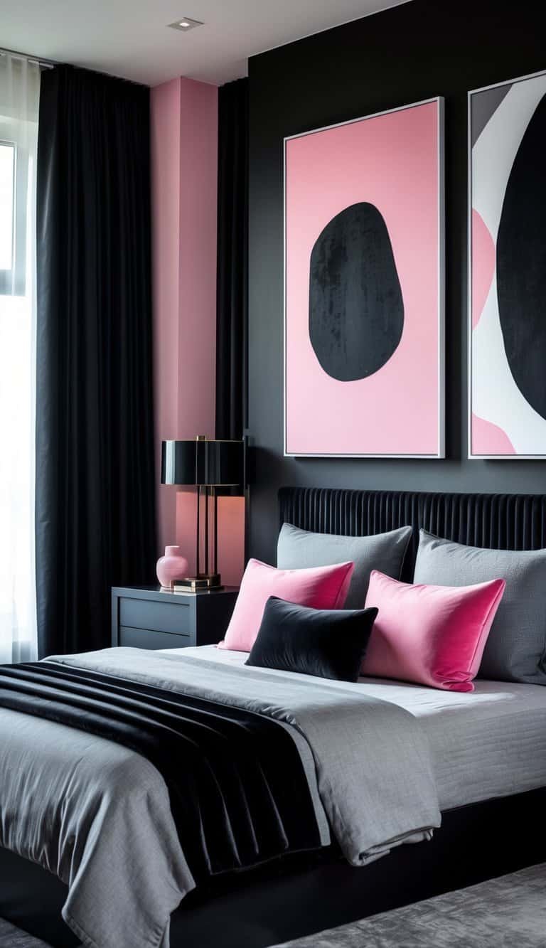 Black Pink And Grey Bedroom Ideas - A modern bedroom with a bed, abstract artwork on the wall, and decor in black, pink, and grey colors.