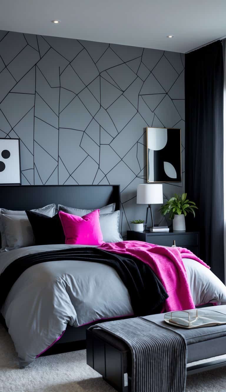 Black Pink And Grey Bedroom Ideas - A bedroom with geometric grey wallpaper, a bed with grey bedding and pink pillows, black furniture, and soft natural lighting.