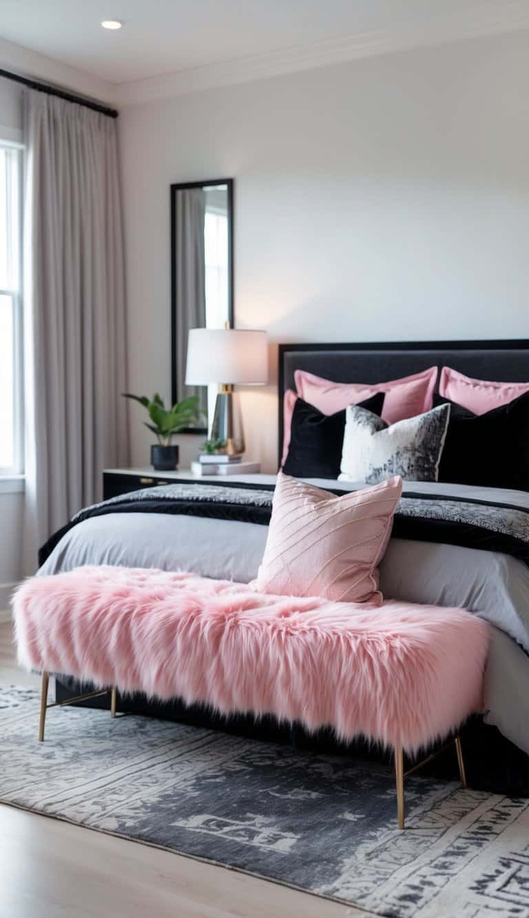Black Pink And Grey Bedroom Ideas - A bedroom with a pink faux fur bench at the foot of a bed, featuring black, pink, and grey bedding.
