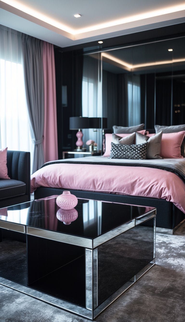 Black Pink And Grey Bedroom Ideas - A bedroom with a black lacquered coffee table with mirrored edges, a bed with pink and grey bedding, and modern furniture.