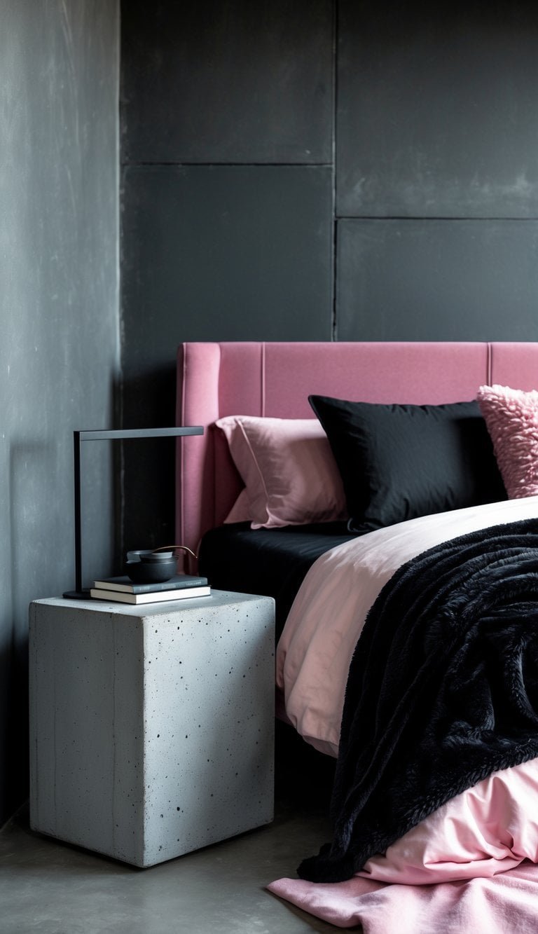 Black Pink And Grey Bedroom Ideas - A bedroom with grey concrete-look bedside tables, a bed with black and pink bedding, and grey walls.