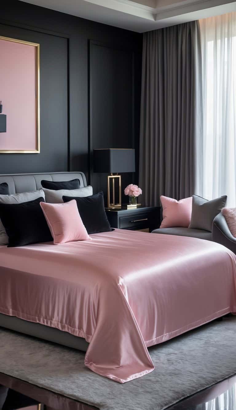 Black Pink And Grey Bedroom Ideas - A bedroom with a blush pink silk bedspread on a bed, surrounded by black, pink, and grey decor elements including pillows, furniture, and soft lighting.