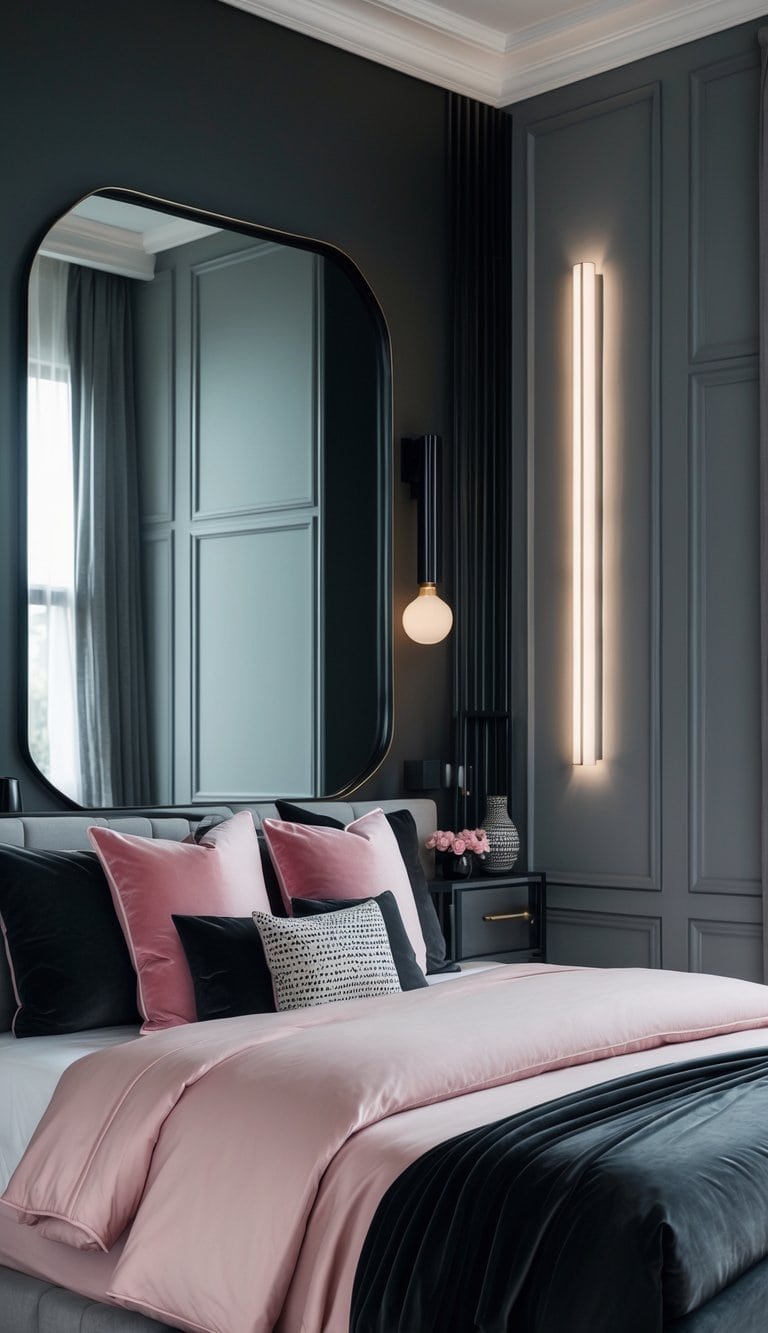 Black Pink And Grey Bedroom Ideas - A bedroom with a black-framed mirror hanging on the wall, reflecting part of the room decorated with pink bedding, grey accents, and black furniture.