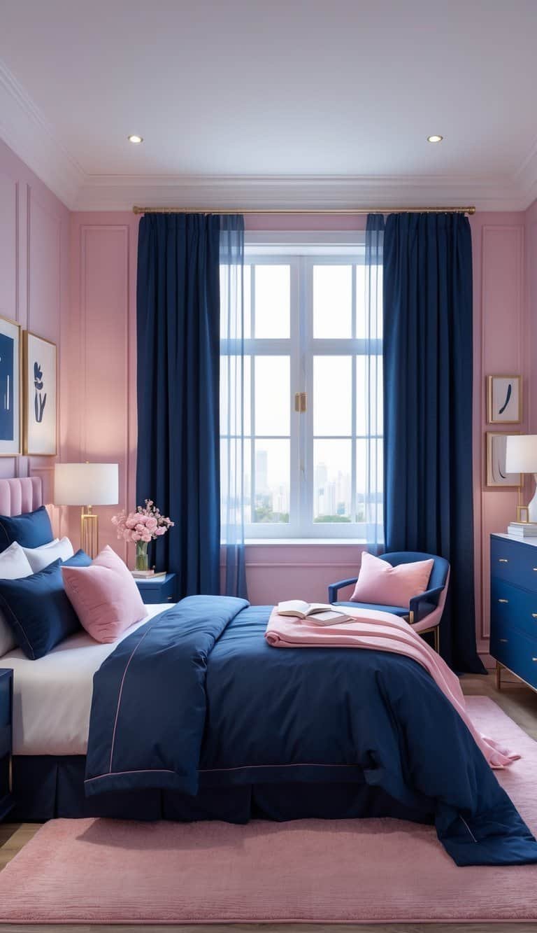 navy blue and pink bedroom - A bedroom with a navy blue bedspread, pink pillows, pink walls, navy blue curtains, and modern furniture, illuminated by natural light.