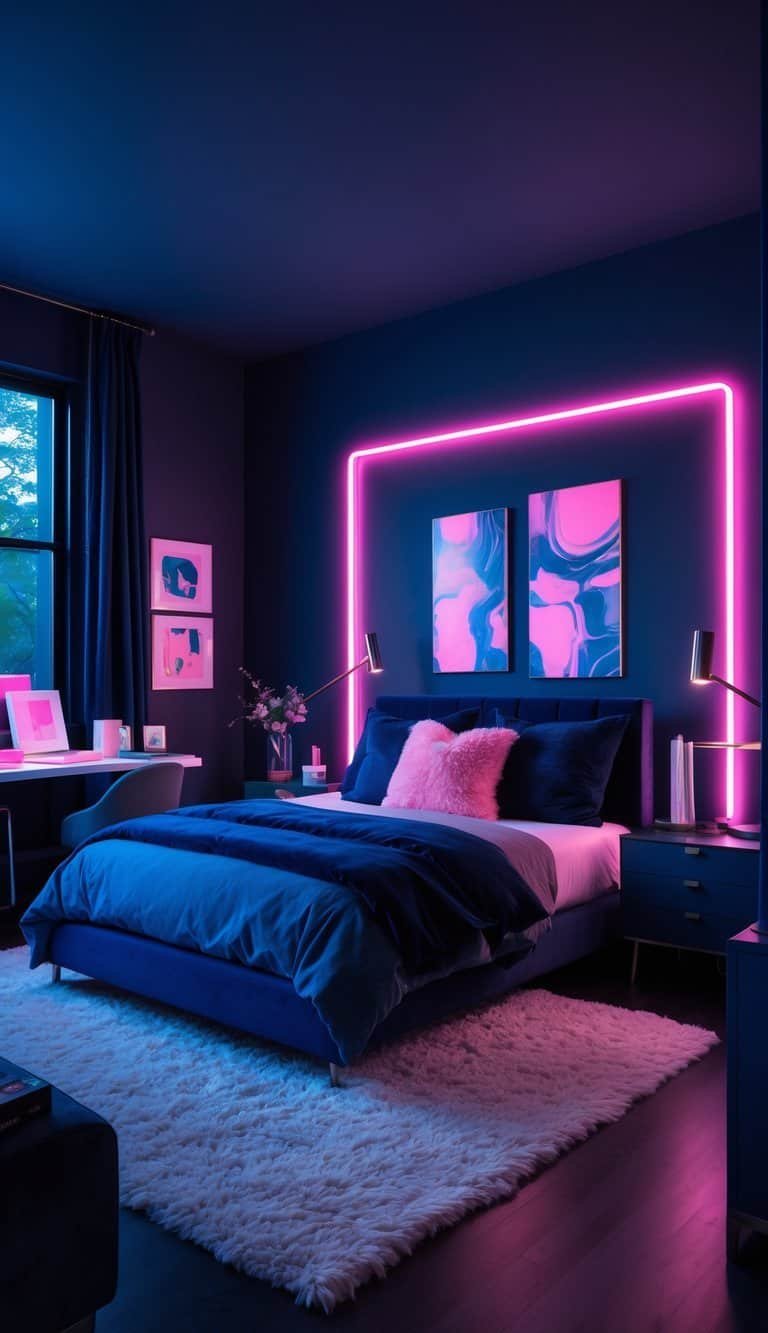 navy blue and pink bedroom - A bedroom with navy blue walls and pink neon lighting, featuring a cozy bed and modern furniture.