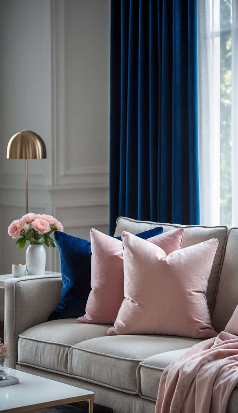 navy blue and pink bedroom - A sofa with blush pink throw pillows in front of navy blue velvet curtains in a living room.