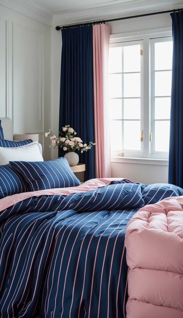 navy blue and pink bedroom - A neatly made bed with striped navy blue and pink bedding in a bright bedroom with matching decor.
