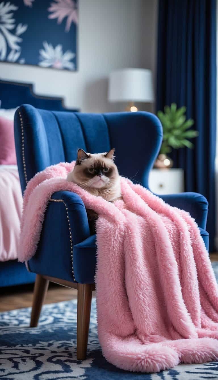 navy blue and pink bedroom - Navy blue accent chair with a pink fuzzy blanket draped over it in a bedroom with navy blue and pink decor.