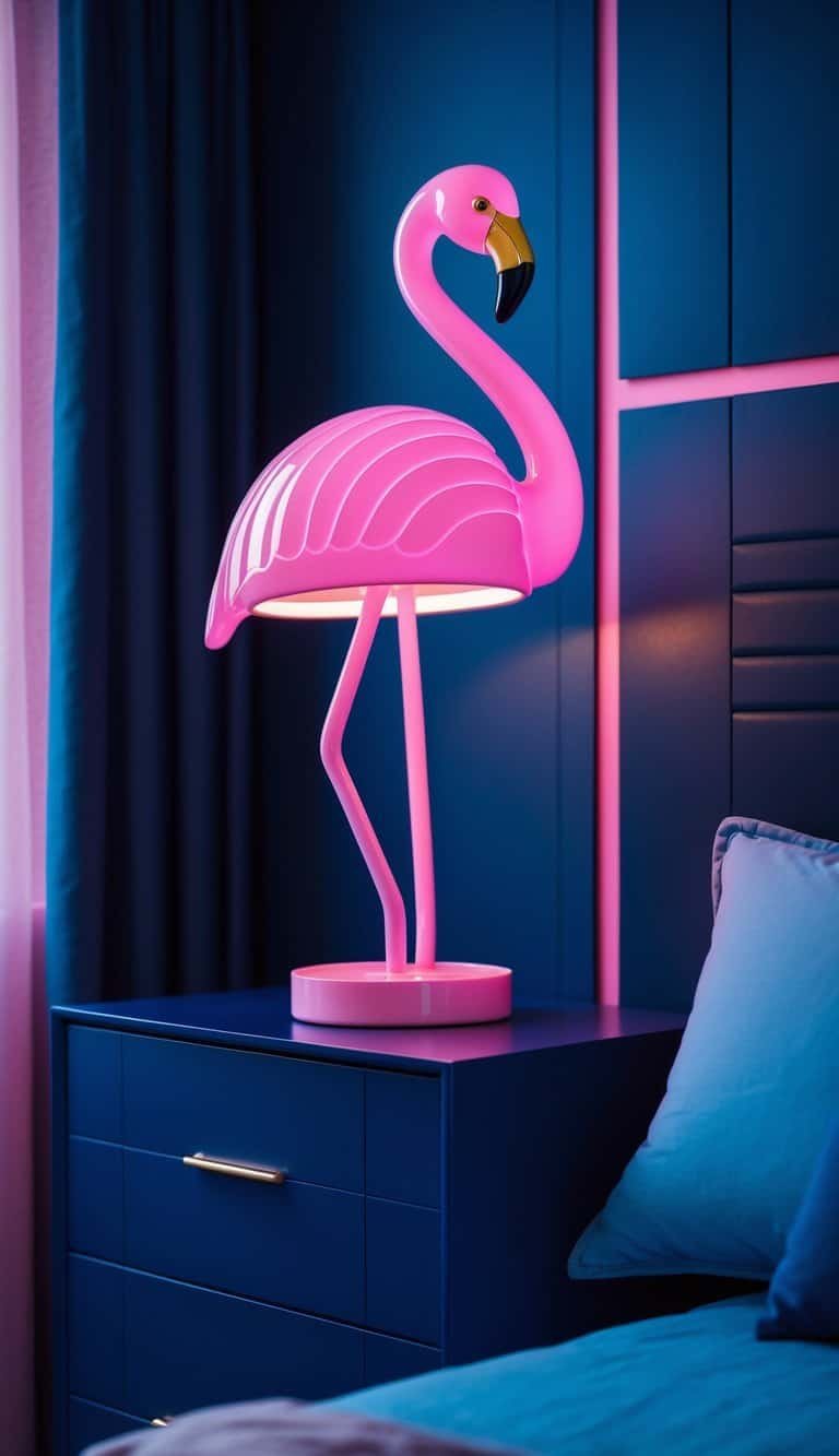 navy blue and pink bedroom - A pink flamingo lamp sitting on a navy blue dresser in a bedroom.