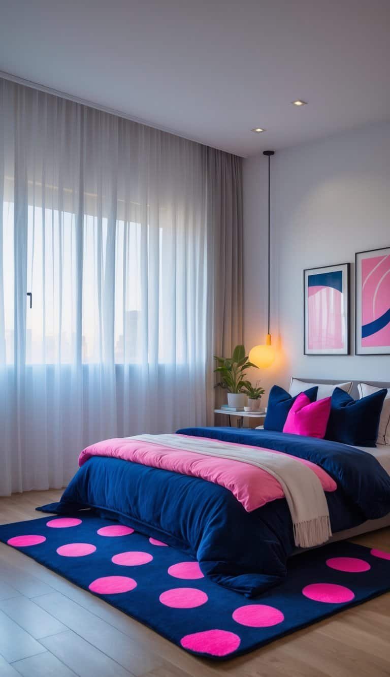 navy blue and pink bedroom - Bedroom with a navy blue rug featuring pink polka dots, a bed with matching bedding, natural light, and modern furniture.