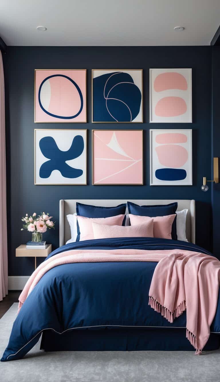 navy blue and pink bedroom - A bedroom with a gallery wall of navy blue and pink abstract paintings above a bed with matching navy and pink bedding.
