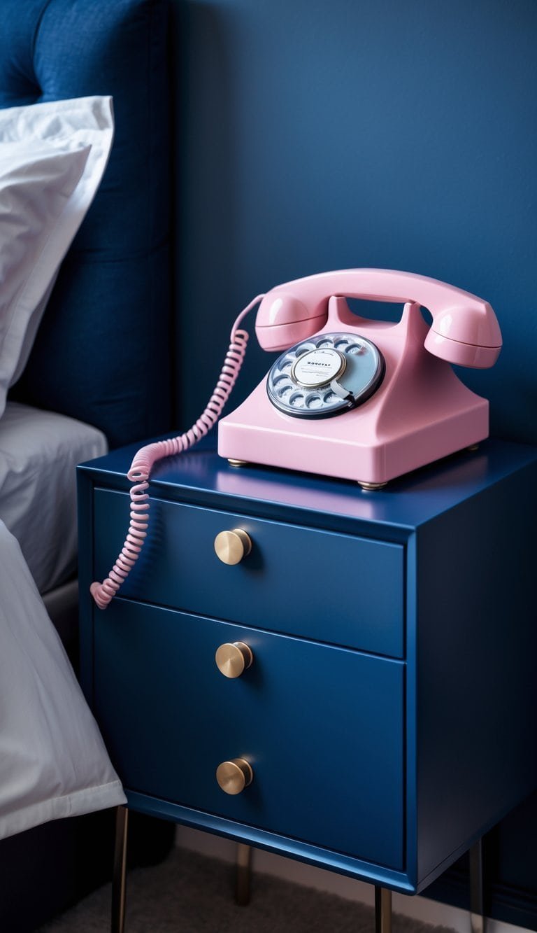navy blue and pink bedroom - A pink rotary telephone sitting on a navy blue nightstand in a bedroom.