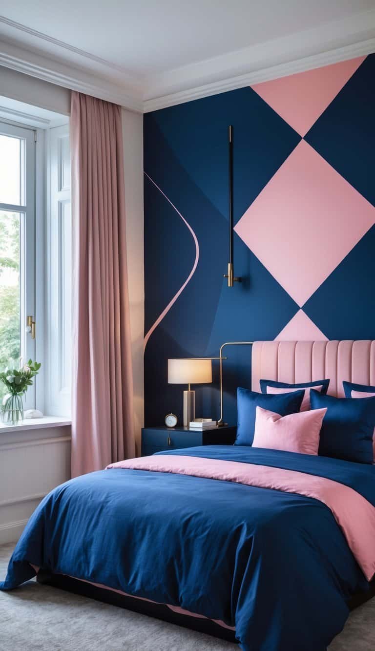 navy blue and pink bedroom - A bedroom with navy blue and pink geometric wallpaper, a bed with matching bedding, and a nightstand with a lamp.