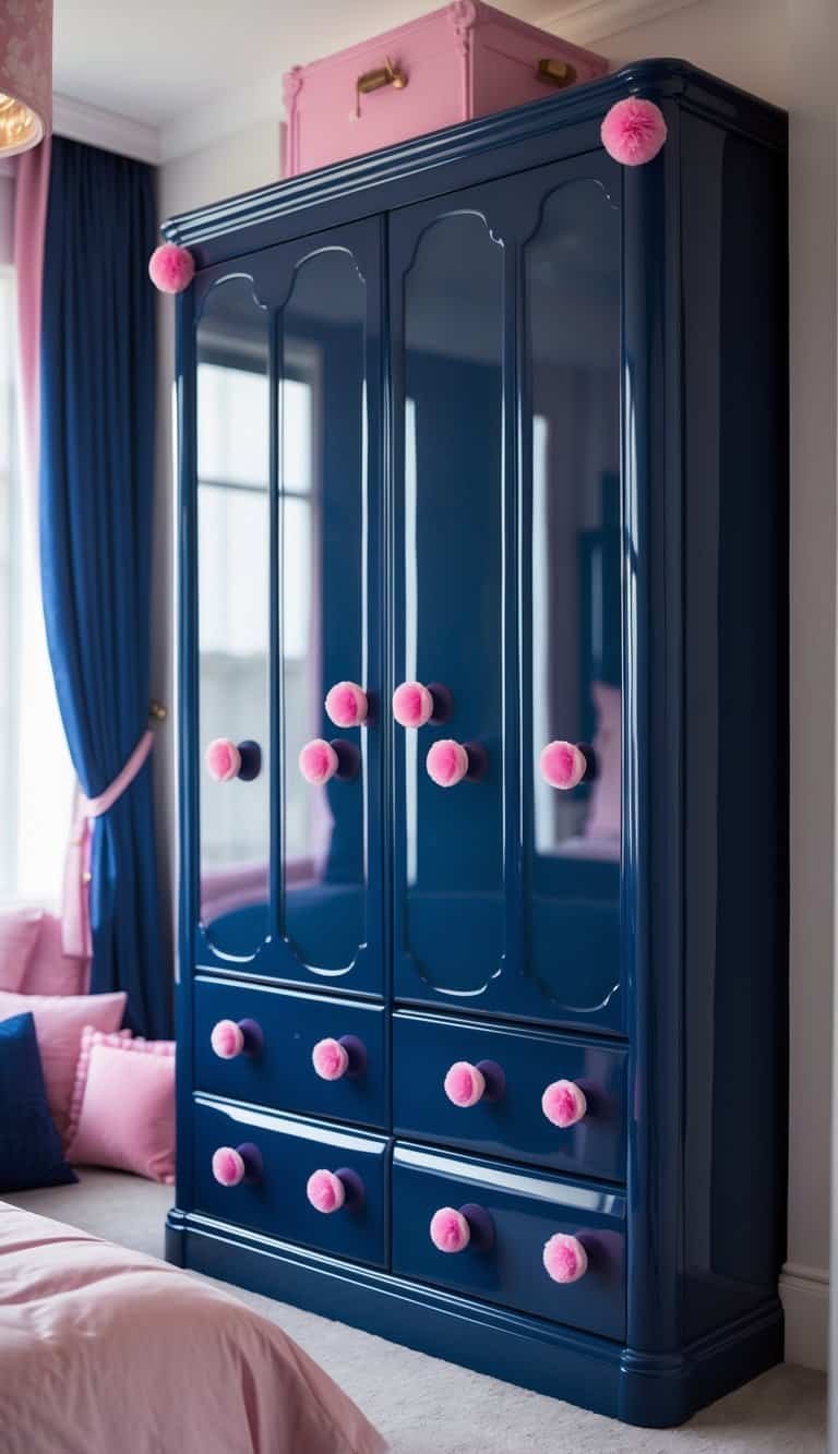 navy blue and pink bedroom - A glossy navy blue wardrobe with pink knobs in a bedroom setting with matching color accents.
