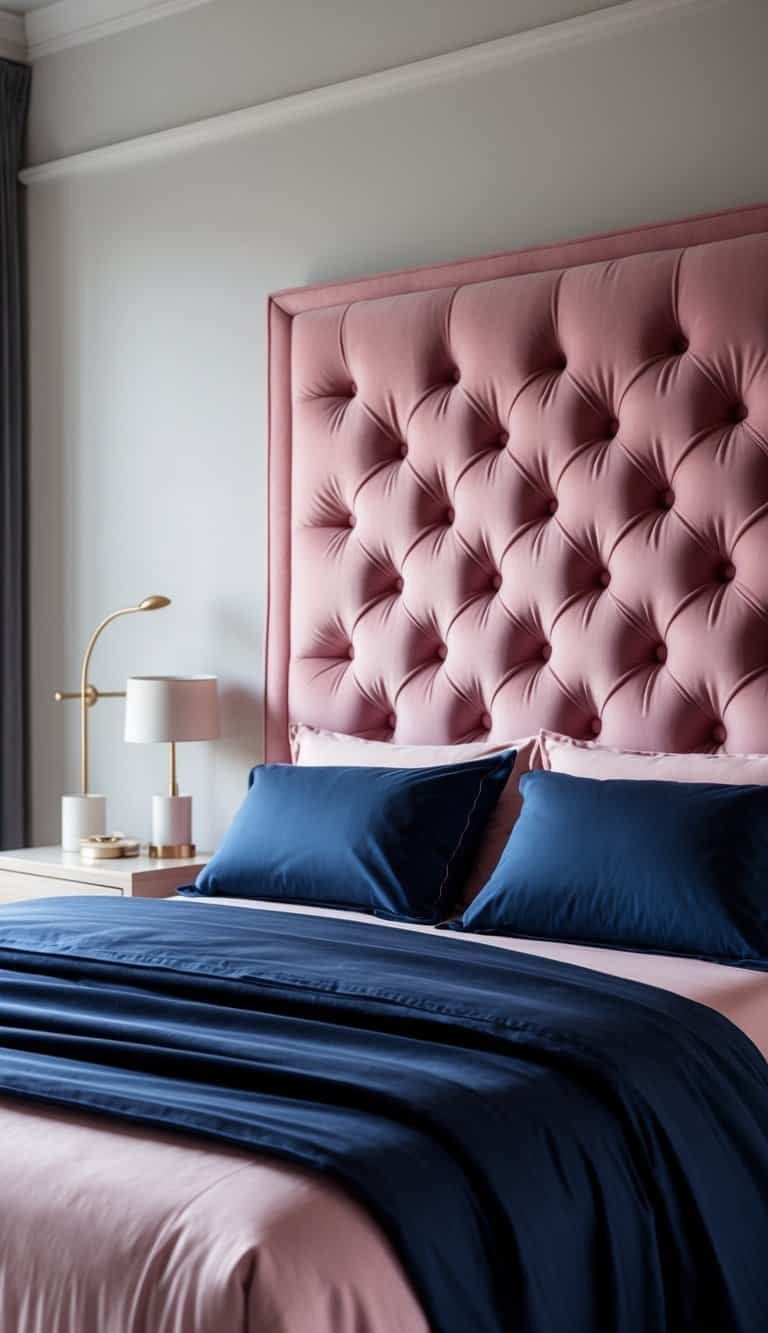 navy blue and pink bedroom - A bedroom with a pink tufted headboard and navy blue sheets on a neatly made bed.