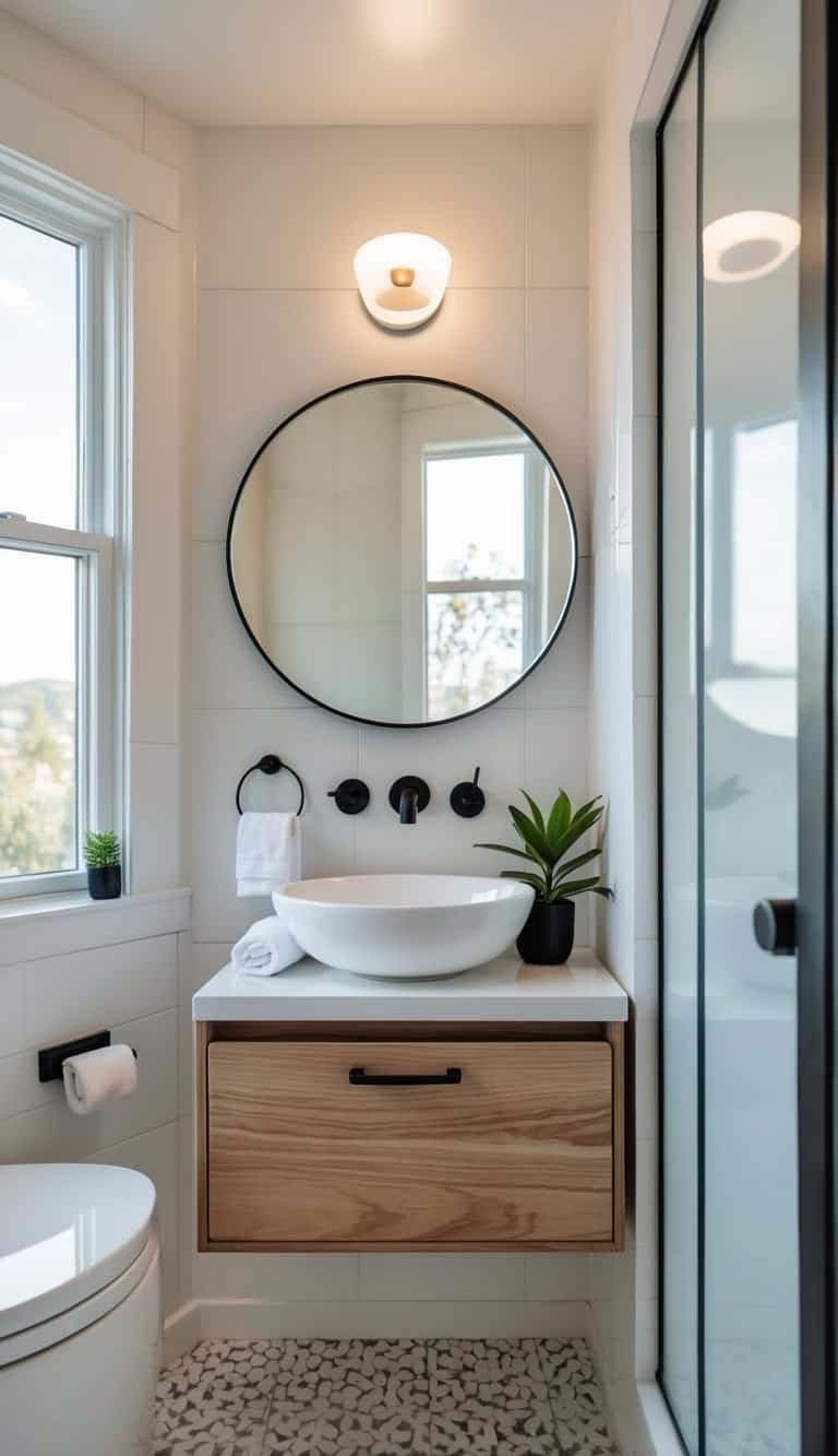 small powder bathroom ideas - A small, well-organized bathroom with a floating wooden vanity, vessel sink, round mirror, wall light, potted plant, and patterned tile floor.