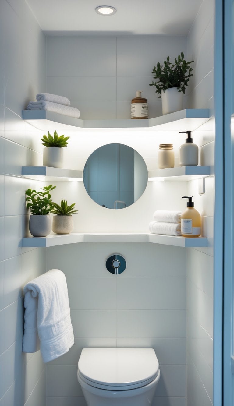 small powder bathroom ideas - Small powder bathroom with floating corner shelves holding bathroom essentials like plants, towels, and jars.