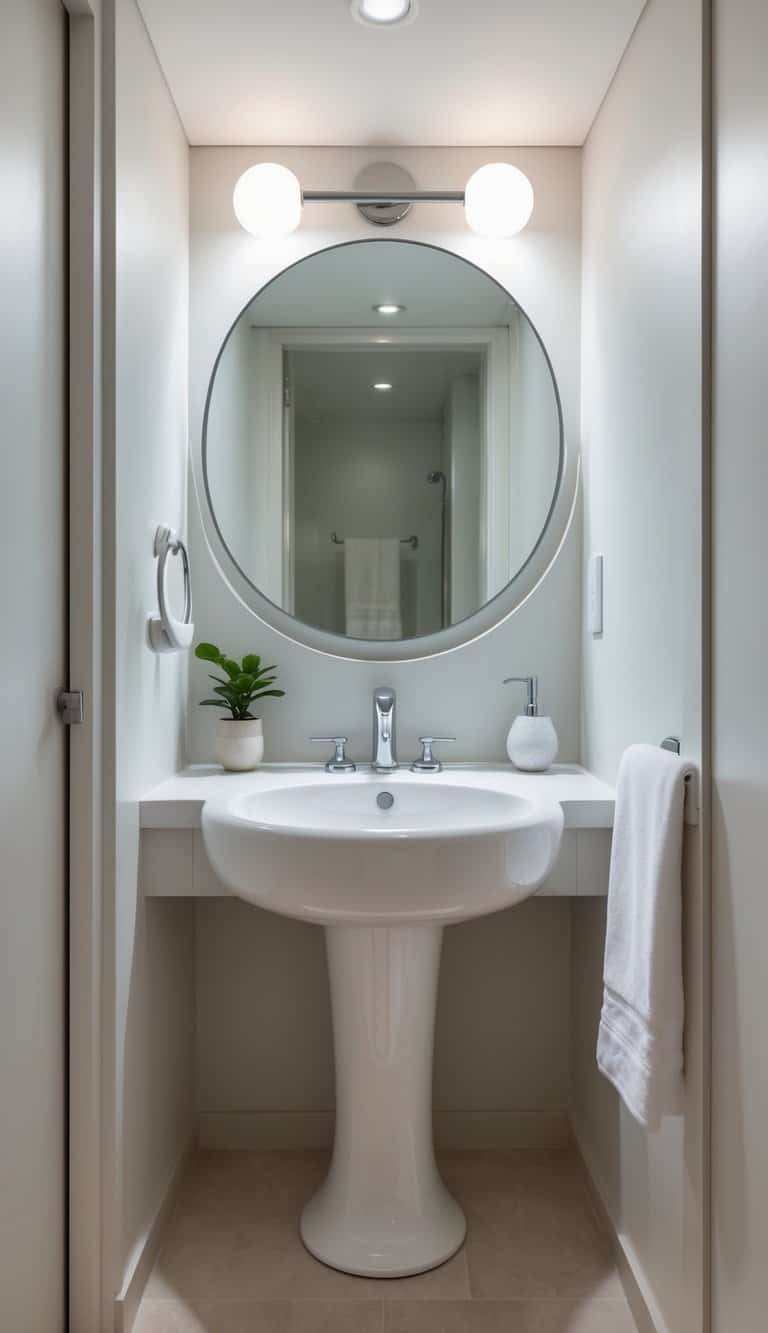 small powder bathroom ideas - A small bathroom with a white pedestal sink, a round mirror above it, a soap dispenser, and a small plant on the side.