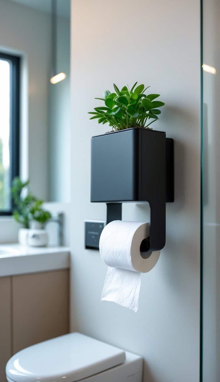 small powder bathroom ideas - Small powder bathroom with a wall-mounted toilet paper holder that has a built-in plant pot holding a green plant.
