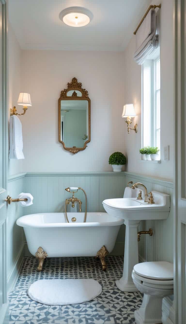 small powder bathroom ideas - A small bathroom with a miniature clawfoot bathtub, a pedestal sink, a mirror, and decorative elements like a plant and towels.