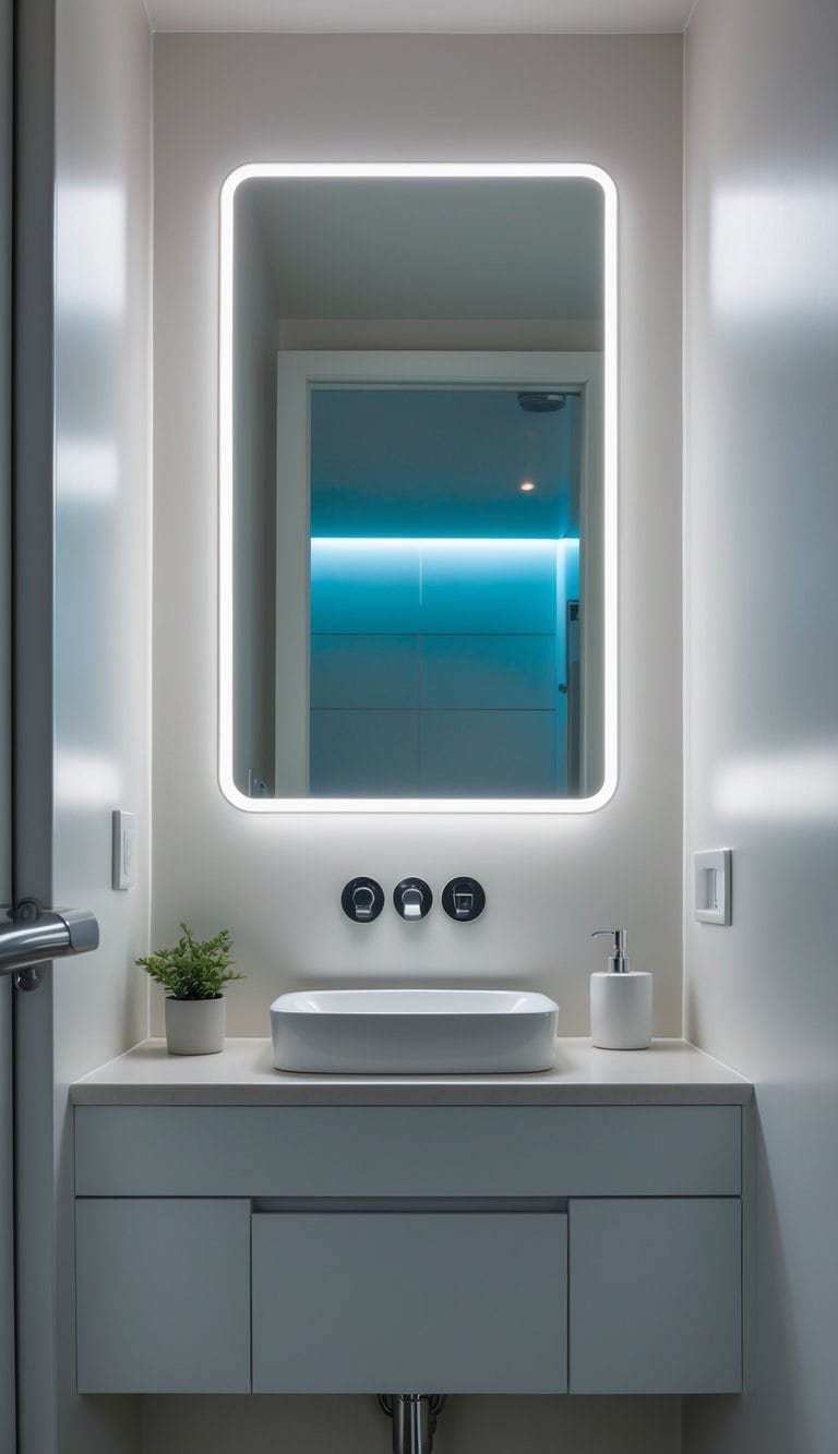 small powder bathroom ideas - Small powder bathroom with a wall-mounted mirror featuring built-in LED lighting, a floating vanity, and minimalist decor.
