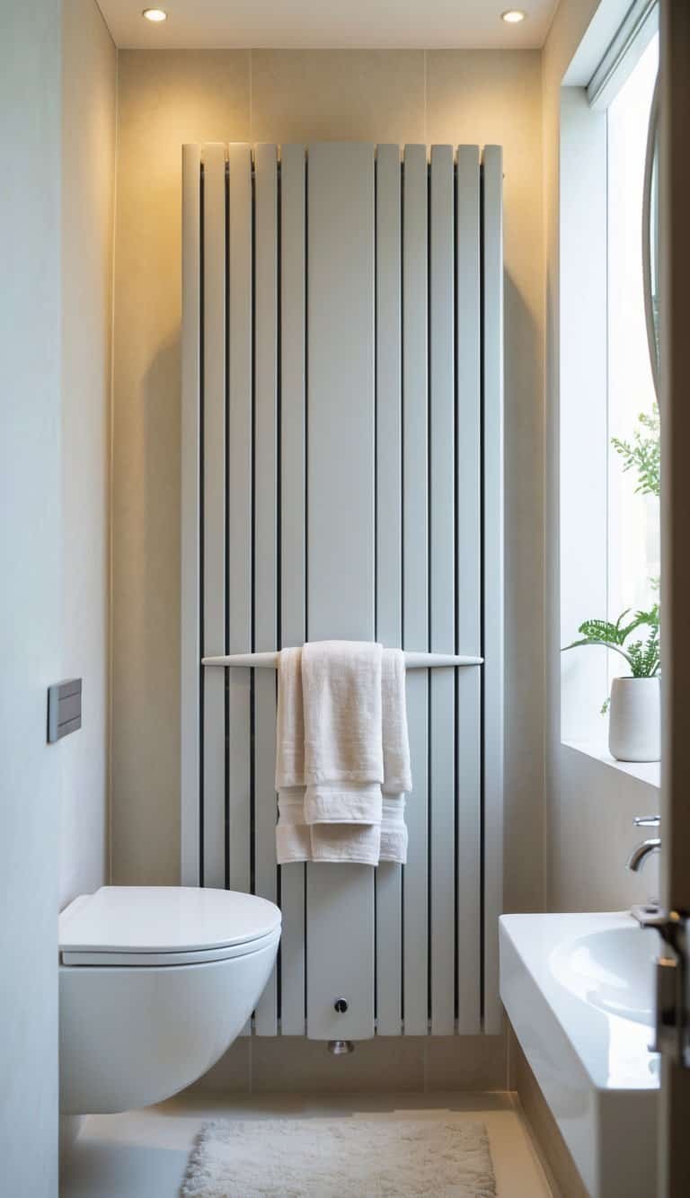 small powder bathroom ideas - A small bathroom with a slim vertical radiator used as a towel warmer, towels hanging on it, a sink, and a round mirror.