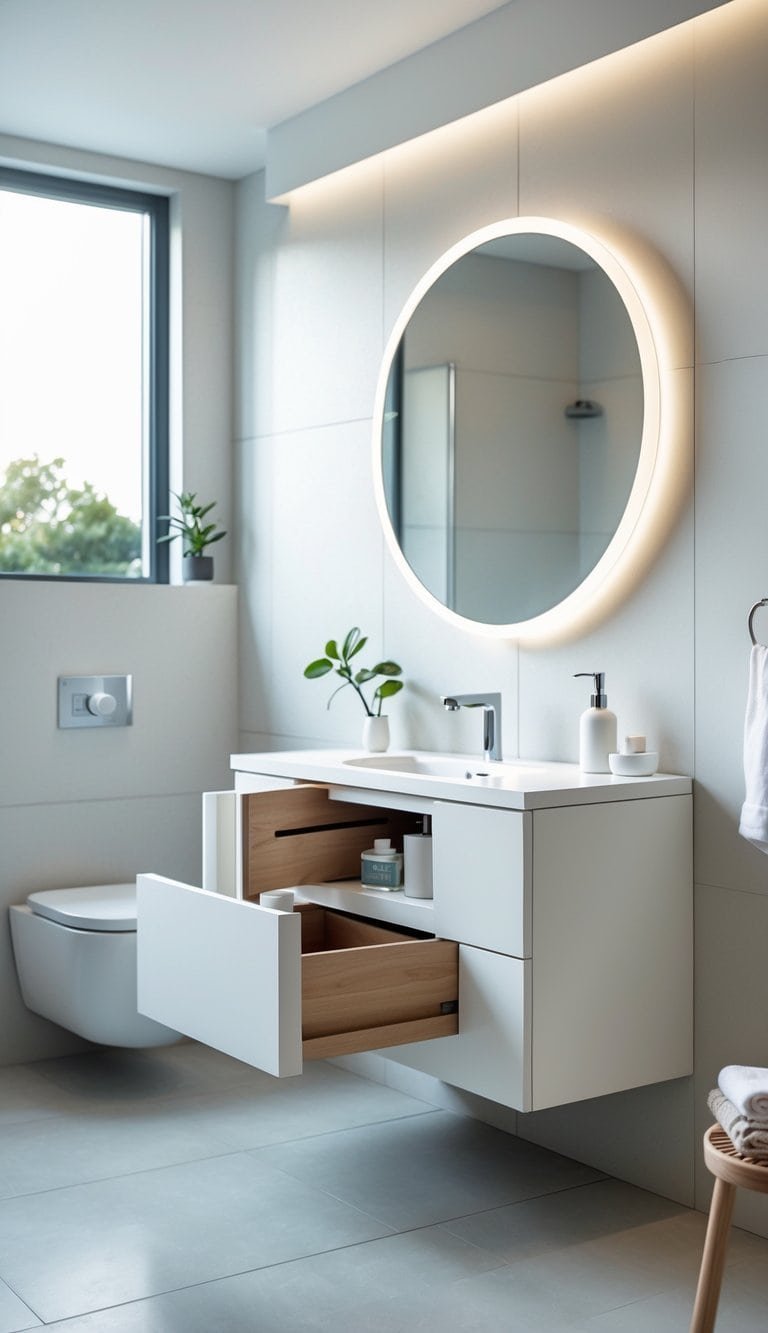 small powder bathroom ideas - A small floating bathroom vanity with hidden drawers slightly open, mounted on a wall with a round mirror above it and minimal bathroom accessories nearby.