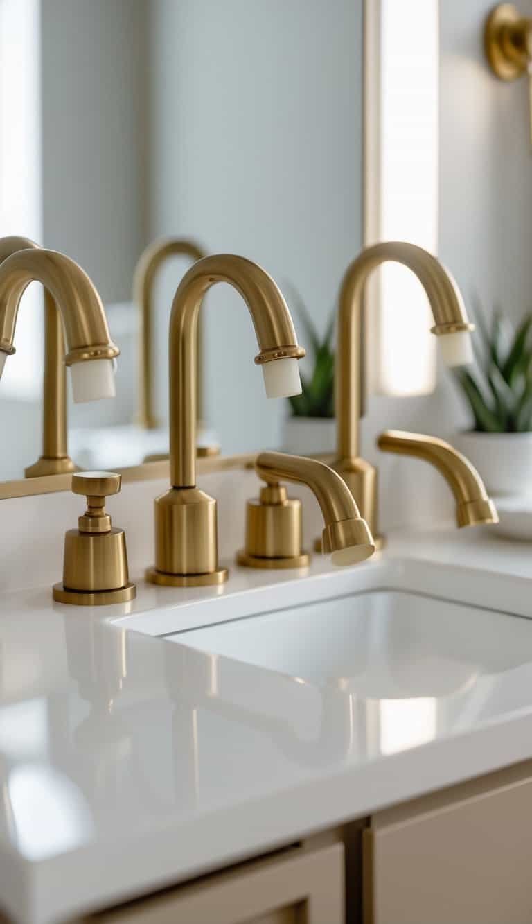 small powder bathroom ideas - Compact brass bathroom faucets with curved spouts installed on a small white countertop in a powder bathroom setting.