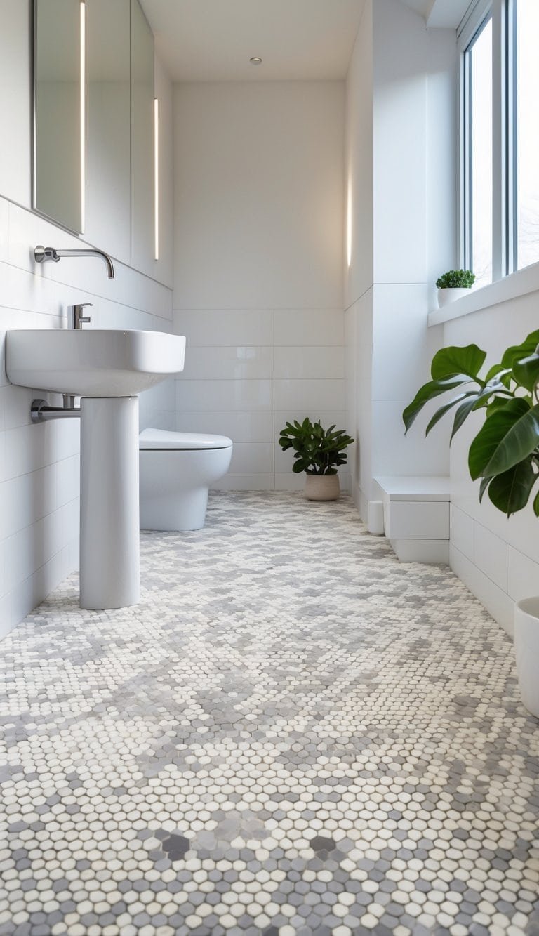 small powder bathroom ideas - A bathroom floor covered with small hexagon tiles in white and gray shades, with a white sink and a small green plant nearby.