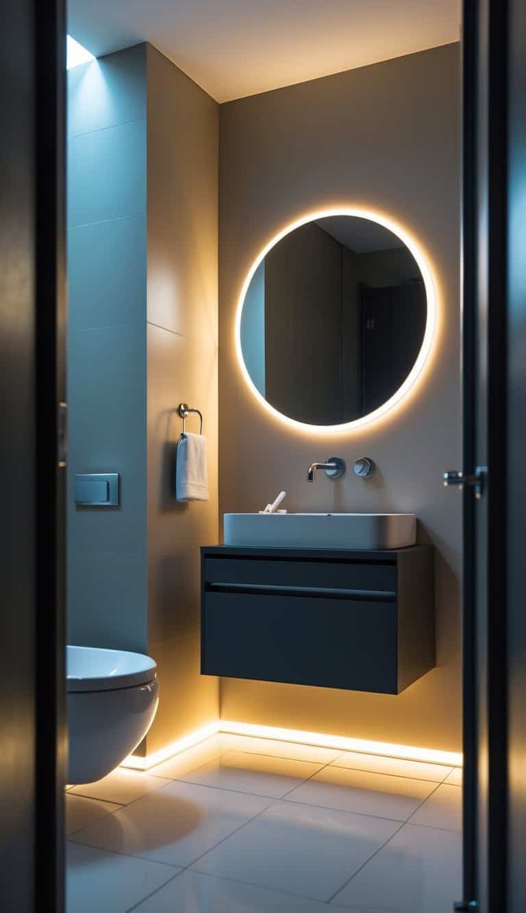 small powder bathroom ideas - Small modern powder bathroom with LED strip lights glowing under a floating vanity, a round mirror, and a white sink.