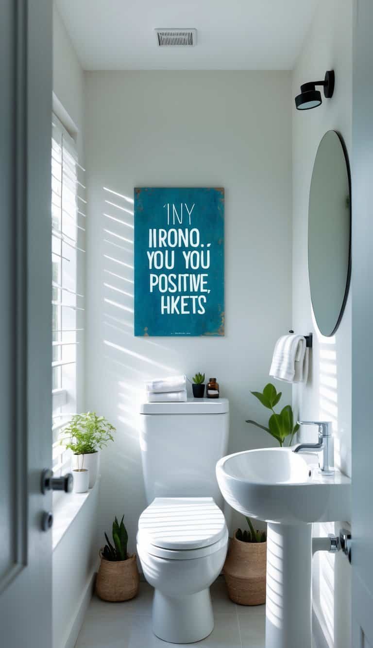 small powder bathroom ideas - Small modern powder bathroom with a pedestal sink, round mirror, plants, and minimalist decor.
