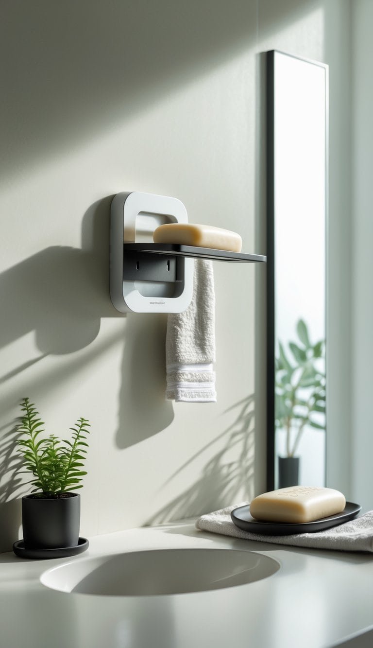small powder bathroom ideas - small powder bathroom ideas - A bathroom countertop with a magnetic soap holder mounted on the wall holding a bar of soap above the counter, surrounded by a small plant and a folded towel.