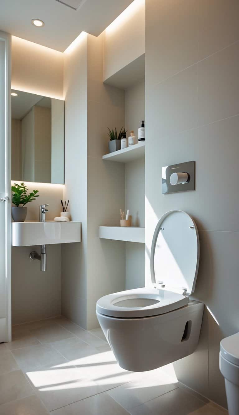 small powder bathroom ideas - Small bathroom with a fold-down wall-mounted toilet seat, a compact sink, and minimalist decor.