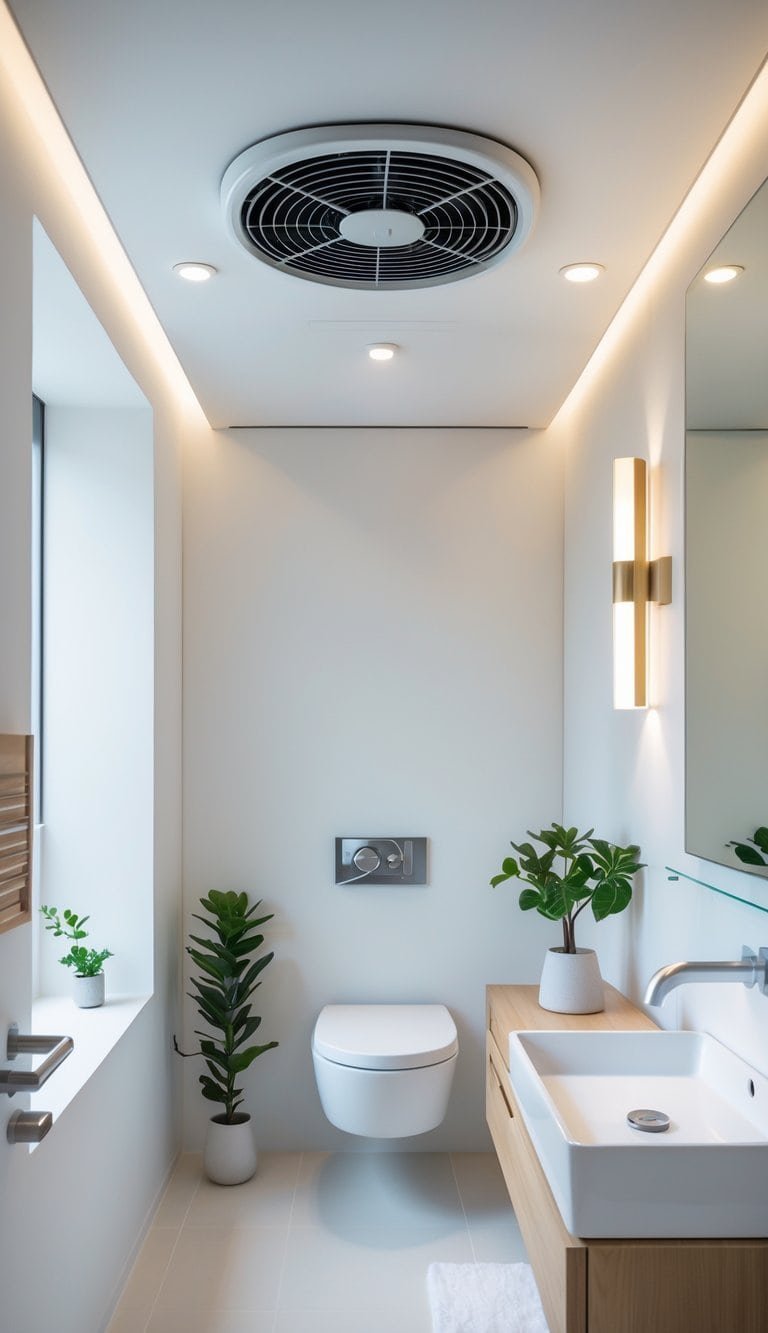 small powder bathroom ideas - Small exhaust fan installed in a modern, compact powder bathroom with a white vanity and decorative plant.