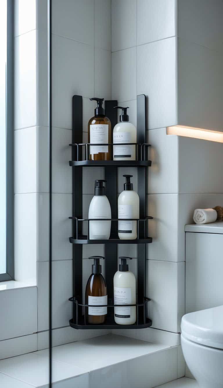 small powder bathroom ideas - A corner-mounted shower caddy holding shampoo and body wash bottles in a small bathroom.