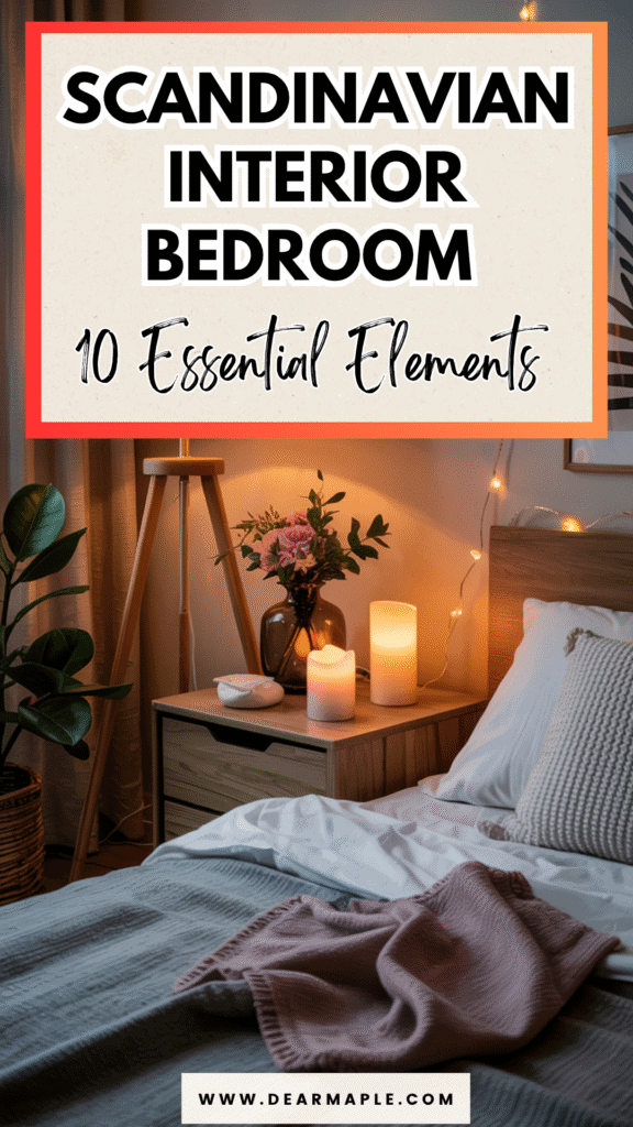 Pinterest pin of scandinavian interior bedroom