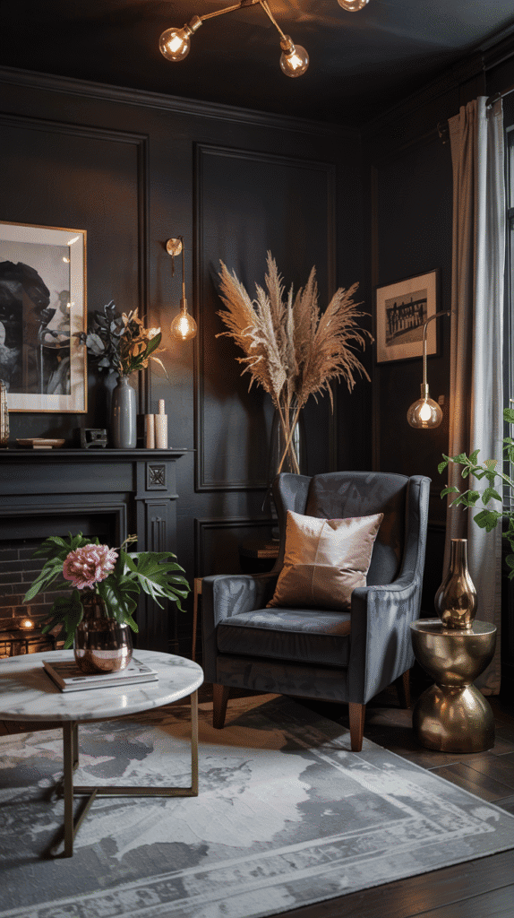 neutral and blue living room with charcoal and indigo tones